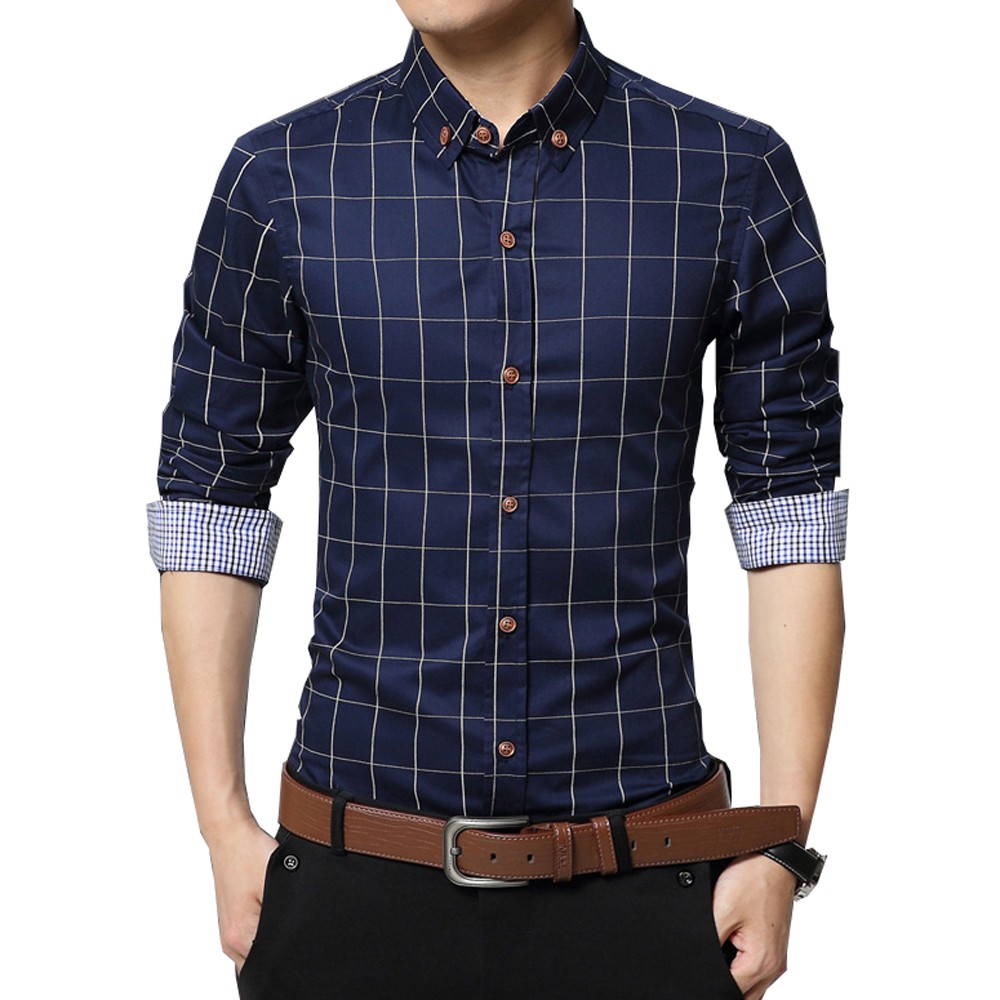 Men's Formal Shirt Slim Fit Cotton Casual Business Checkered Shirts ...