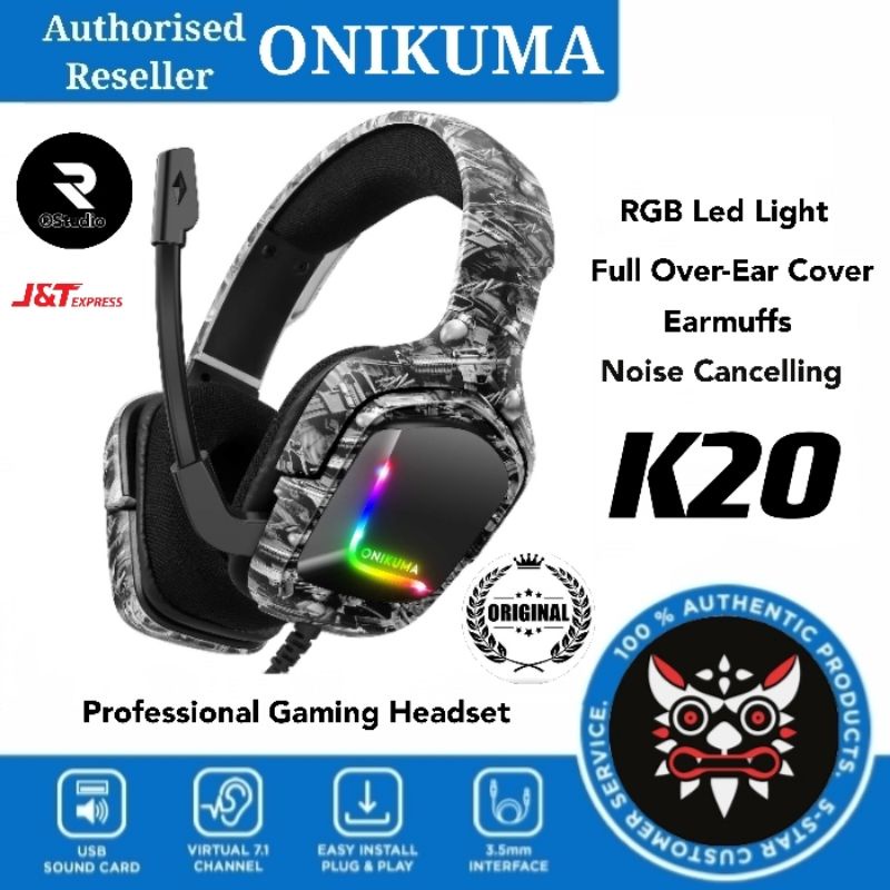 ONIKUMA K20 Camouflages RGB Gaming Headphones Oval-Ear Earphones Gaming Headsets with Microphone for PC Mobile Phone PS4