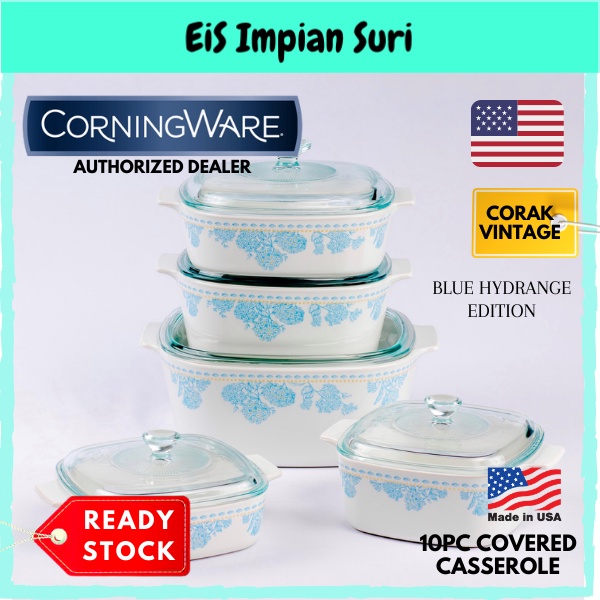 (Ready Stock!!) Corningware Blue Hydrange 10pcs Casserole Set (A-501-HYR) Corak Vintage Cookware Set Periuk Masak