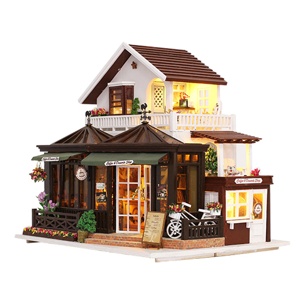 wooden dolls house with lights
