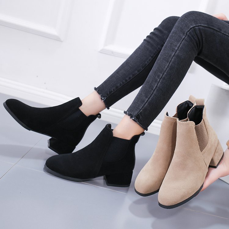 Women Chelsea Black Leather Ankle Boots Girls Flat Heel Single Shoes Plus Size 