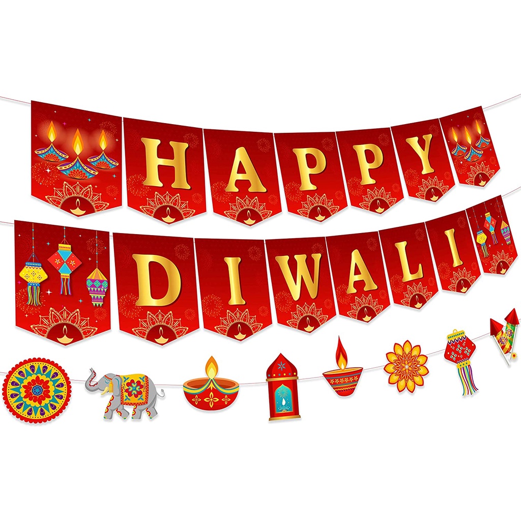 CHEEREVEAL Happy Diwali Bunting Banner, Diwali Garland Decorations for Indian Festival of Lights Deepavali Themed Party Supplies