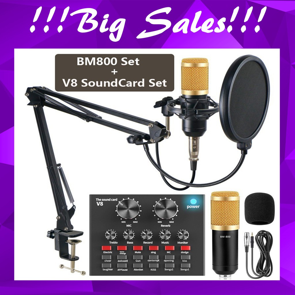 V8 +BM800 Mic Set Condenser Microphone Live Sound Card Bluetooth Audio