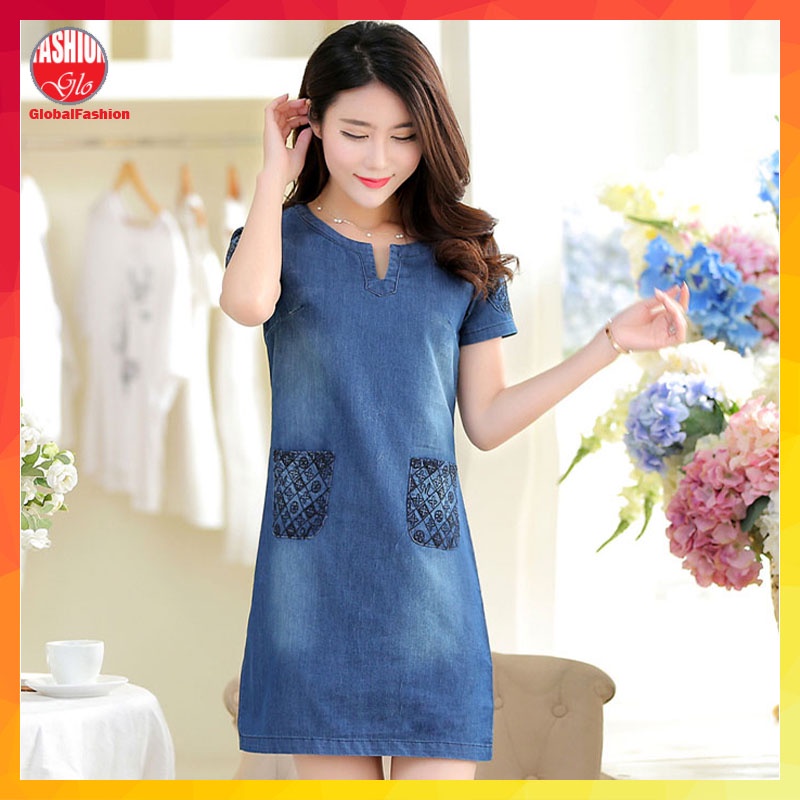 Denim Dress Woman Baju Perempuan Lengan Pendek V Neck Short Sleeve A Line Dress Size S M L XL XXL 3XL 4XL 5XL