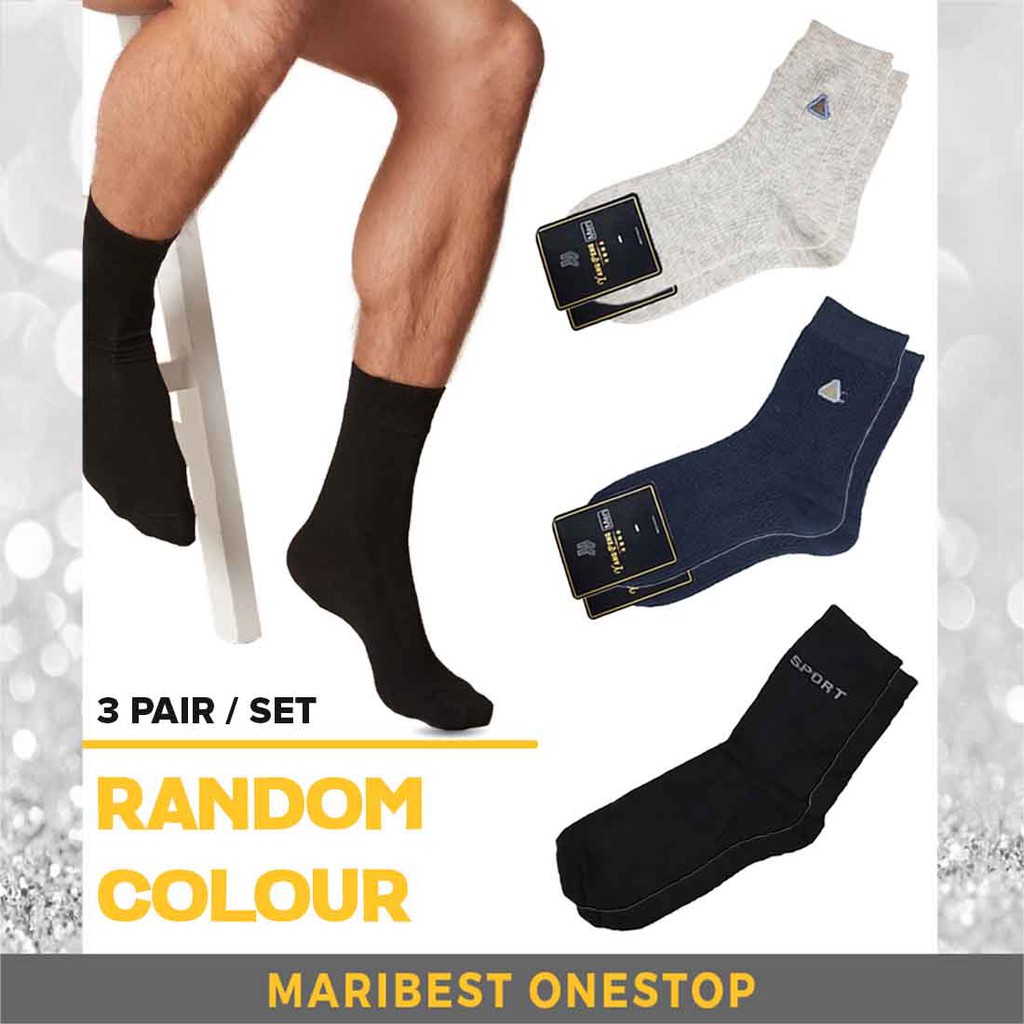 RANDOM COLOUR [3 Pairs 1 Set] Breathable Men Casual Socks Sport Training Cotton Socks Work Socks High Quality Stocking