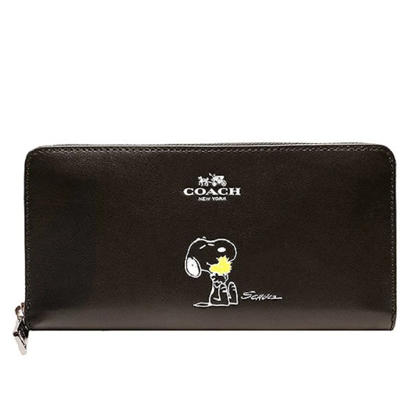 Coach X F53773 [NWT] Peanuts Snoopy Accordion Zip Black Calfskin Wallet |  Shopee Malaysia