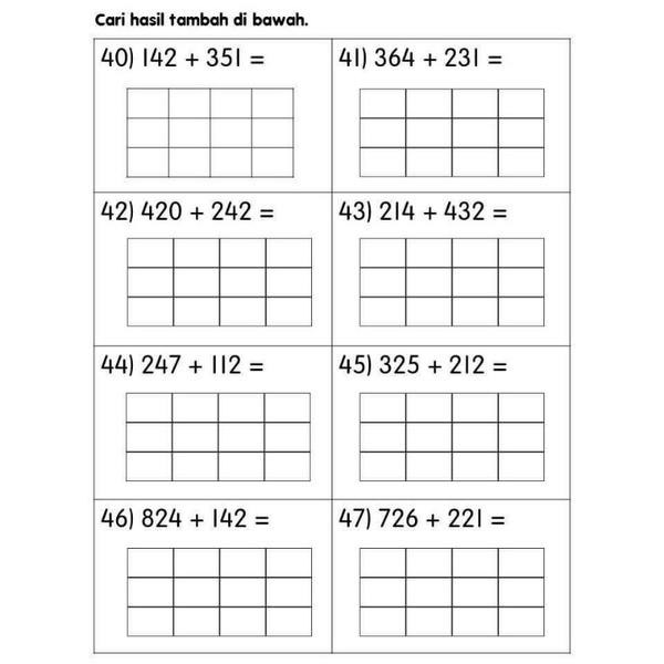 Softcopy Lembaran Kerja Matematik Latih Tubi Operasi Tambah Dalam Lingkungan 1000 Shopee Malaysia