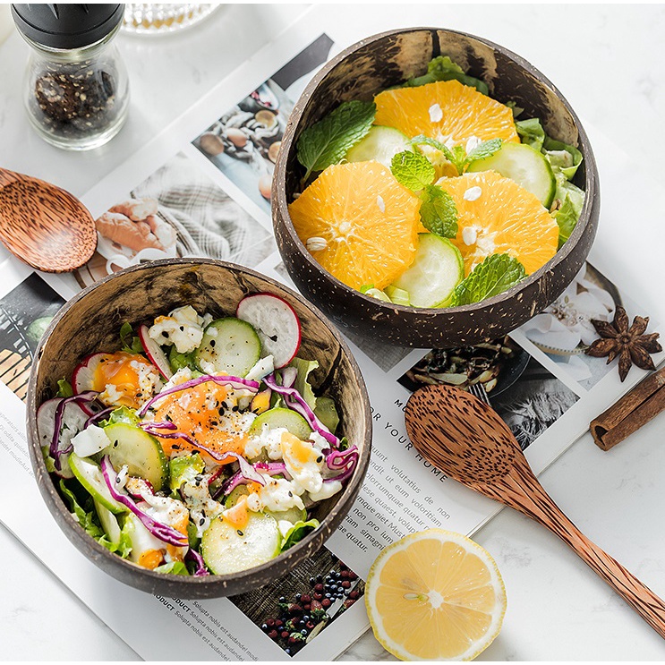 Eco-friendly natural coconut bowl wood creative salad fruit bowl durable coconut shell made dessert bowl restaurant ramen bowl home new tableware Mangkuk kelapa semulajadi yang mesra alam kayu salad mangkuk buah-buahan tahan lama kelapa membuat mangkuk p
