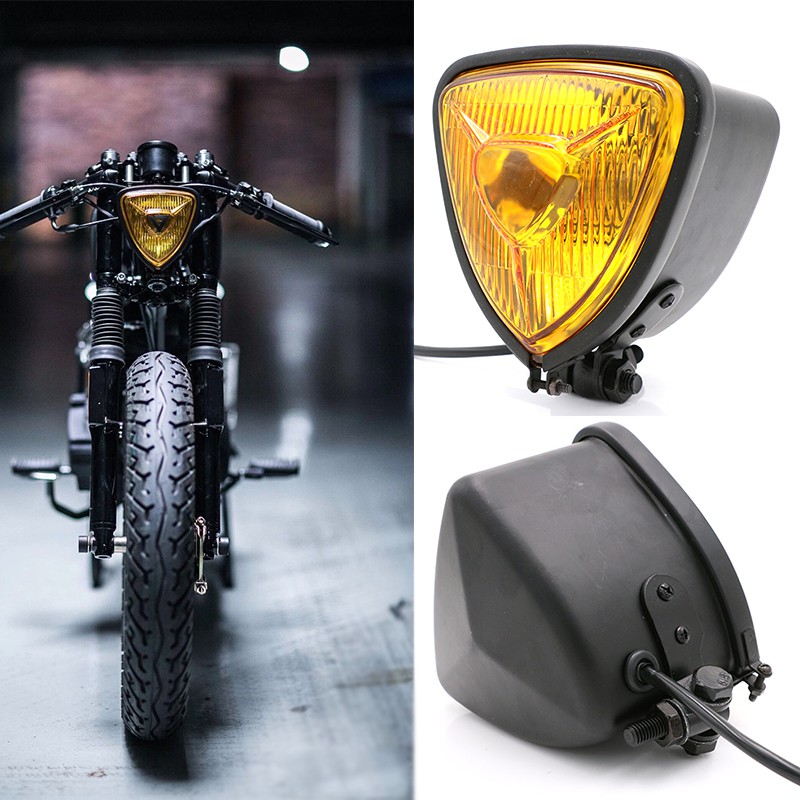 Triangle Amber Black Motorcycle Headlight Lamp Cafe Racer Chopper