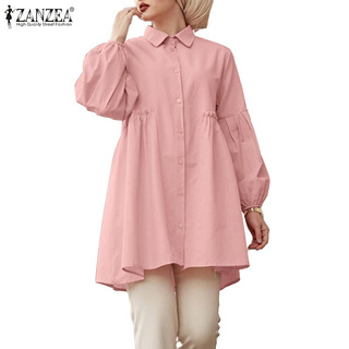 ZANZEA Women Muslim Casual Turn-Down-Collar Solid Full Sleeve Ruffle Hem Blouse