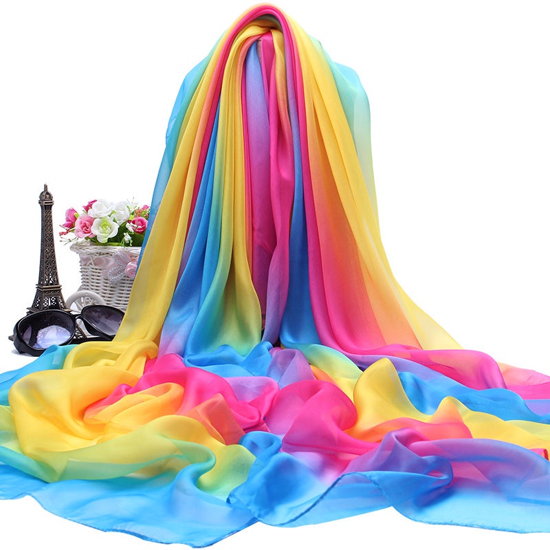 Rainbow seven colorful scarves women's versatile s彩虹七彩色丝巾女百搭春秋围巾薄款纱巾长款大披肩夏季防晒沙滩巾4.27