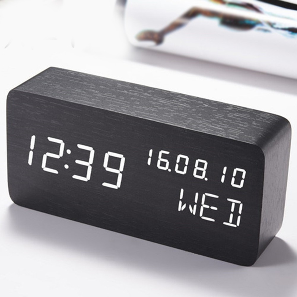 Wood Grain Led Alarm Voice Control Digital Desk Clock Room