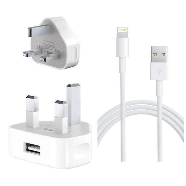100% ORI iPhone Charger 5W Power Travel Adapter UK 3 Pin with Lightning To USB Cable Full Set