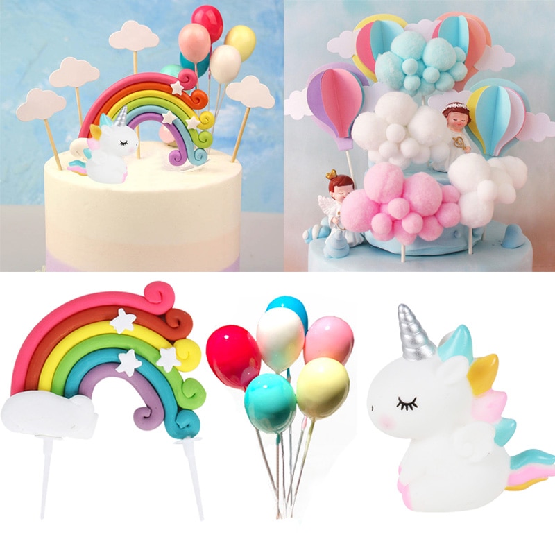 Unicorn Rainbow Cake Topper Birthday Wedding Cake Flags With Cloud Balloon Cake Flag For Birthday Wedding & Baby Shower Birthday Party Decoration Supplies 