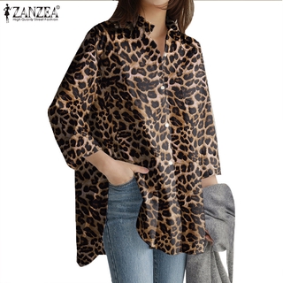 Image of ZANZEA Women Casual Long Sleeve Lapel Collar Button Leopard Print Blouse