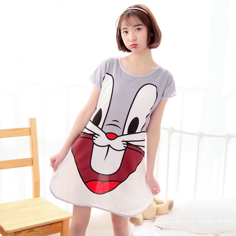 MOMO Cartoon Pyjamas Baju Tidur Rumah Comfortable Short Sleeves Round Neck Dress Cartoon Sleepwear