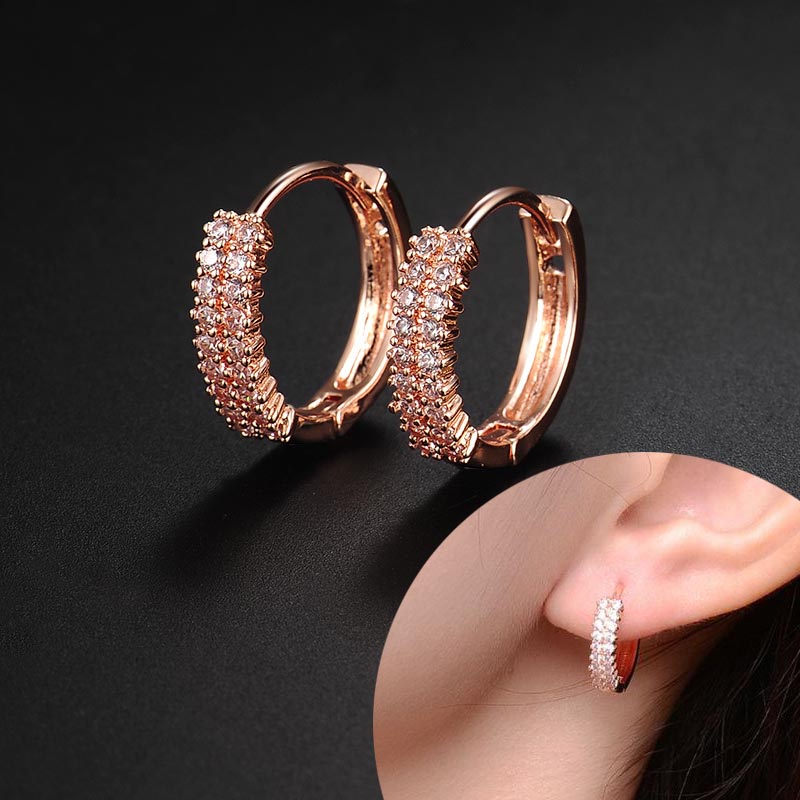 [STAR ANGEL JEWELRY] Double Rows Zircon Rose Gold Hoop Earrings/Subang Anting High-Class