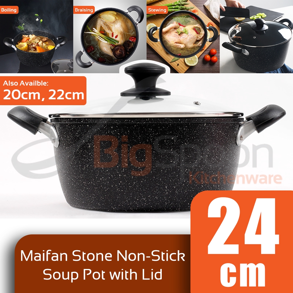 BIGSPOON SARACOOK Non-stick Soup Pot with Glass Lid Japan Maifan Stone Coating Smokeless Aluminium Pot 20cm/22cm/24cm