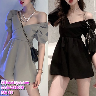 READY STOCK Women Korean Style V Neck Off Shoulder Short Sleeve Jumpsuit Black/Grey 221008