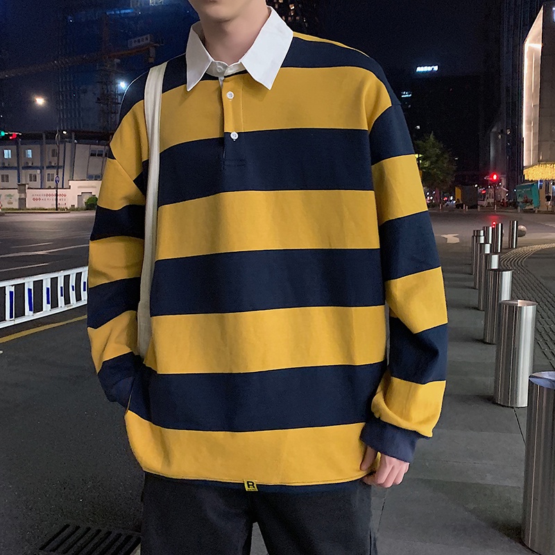 KIM Long-Sleeved T-Shirt Men Spring All-Match Striped Loose POLO Shirt Korean Version Trendy Lapel Sweatshirt Bottoming