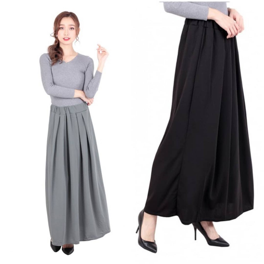 Muslimah Women Elastic A Line Pleated Payung Maxi Skirt Black/Grey ...