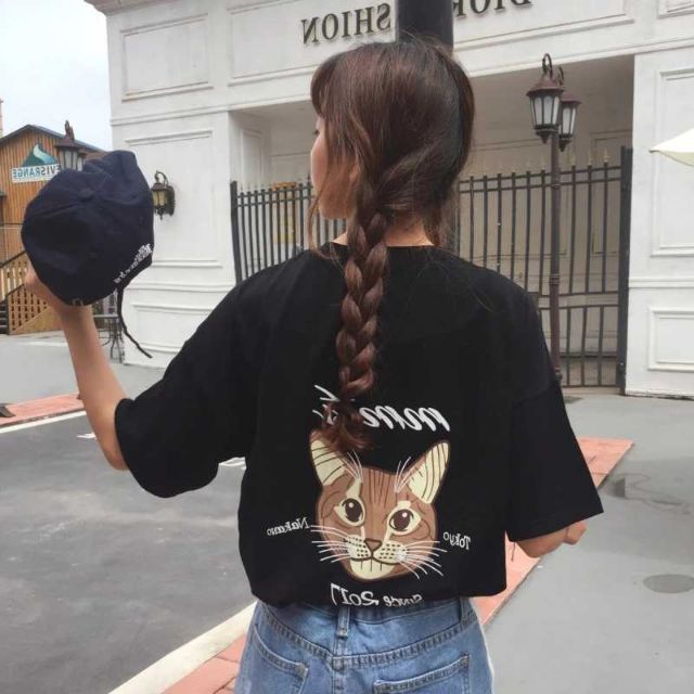 Cat T Shirt Women Ulzzang Style Korean Cute Teenages Shirts Short