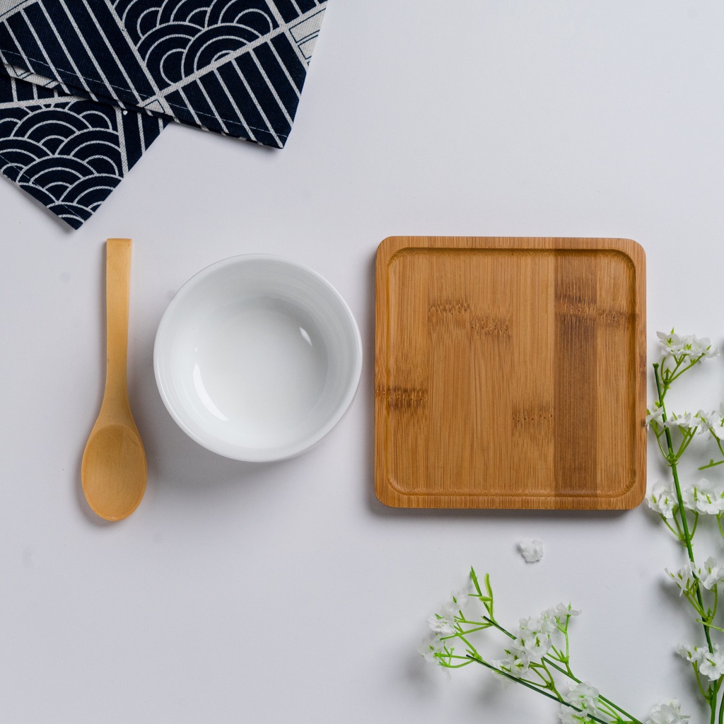 【Bowl + Wooden Tray + Wooden Spoon】Japanese White Ceramic Zen Style Dining Bowl Set Soup Bowl 日式古典风陶瓷碗套