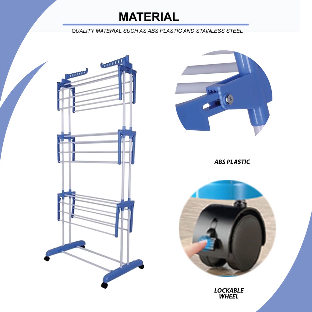 READY STOCK: Korean Hanging Rack / Ampaian Baju/ Penyidai Baju / Foldable Drying Rack with 3-Tier Stainless Steel