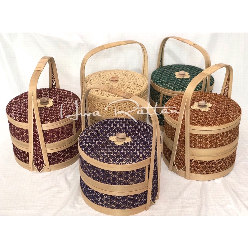 Kuih traditional bakul 2 tingkat / Handcrafted rantang tiffin / Carrying bamboo tea kuih basket / Bakul nyonya anyaman