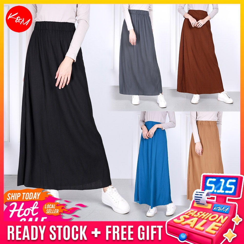KM Women High Waist Bold Elastic Ready Stock A Line Pleated Muslimah Long Maxi Skirt Panjang Wanita [S31741]