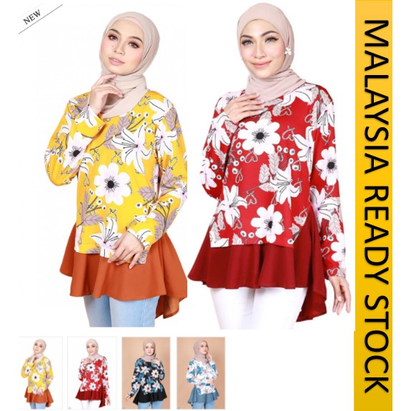 Ready Stock Blouse Wanita Muslimah Kain Cotton Laici Tina Flora Fashion Blouse