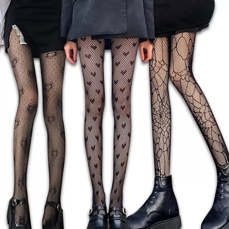 Gothic Mesh Tights Lolita Women Black White Stockings Fishnet Pantyhose Girl Cosplay Kawaii Tights Lace Leggings Sexy Lingerie