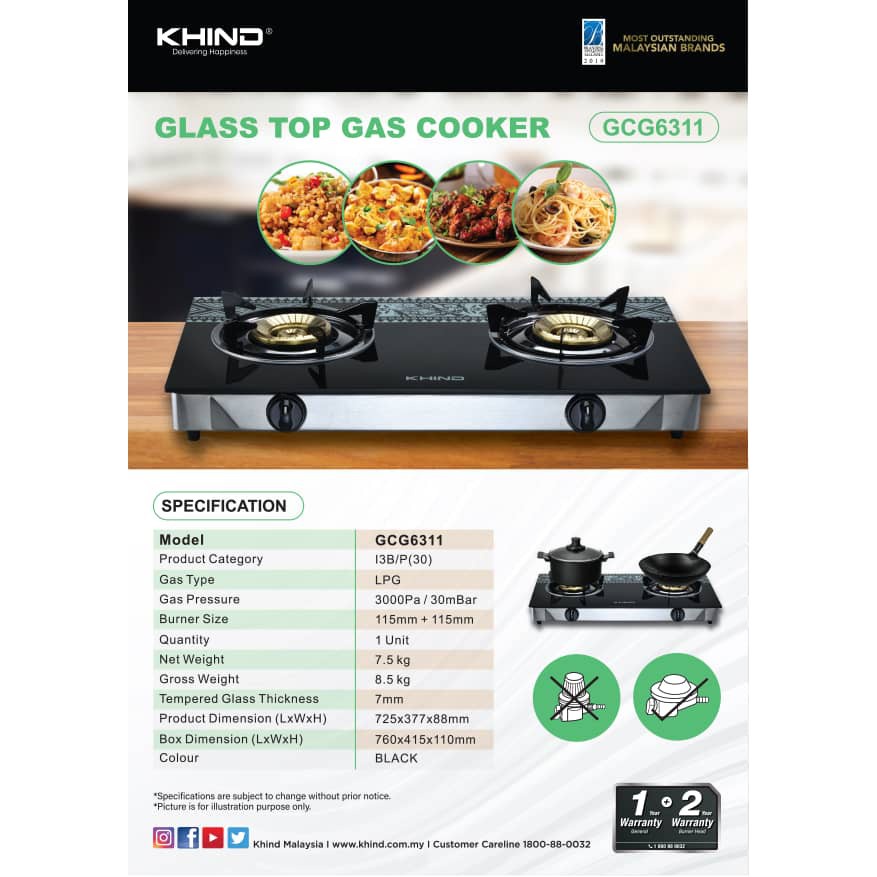 Khind GCG6311 Glass Top Gas Cooker 2 Burner Gas Stove Table Top