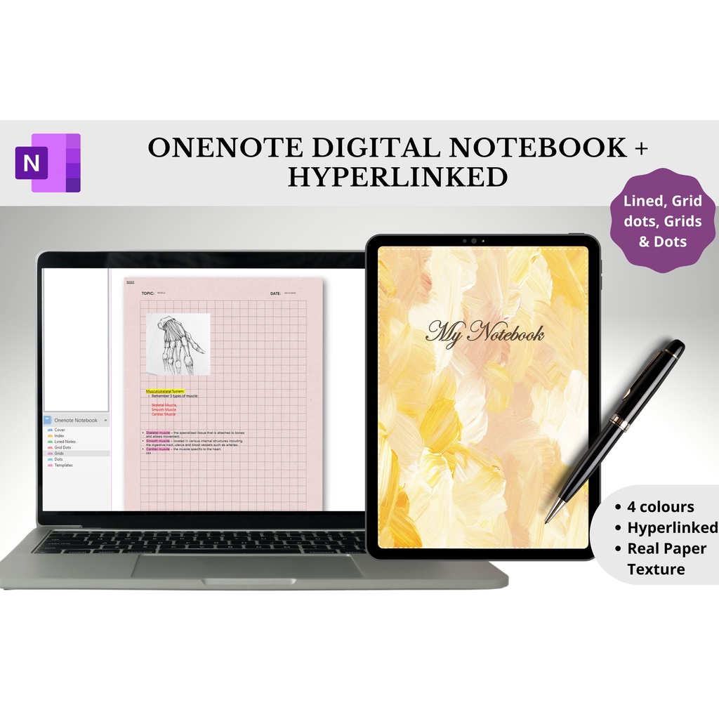OneNote Digital Notebook + Hyperlinked, 32 Templates, 4 Colours