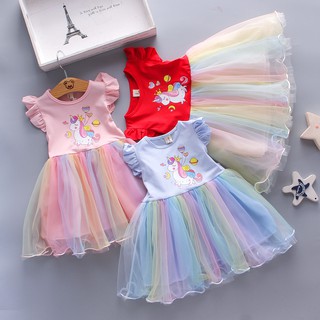 Girls dress 2021 new children's clothing girl princess dress mesh sleeveless babycartoon cloud pony dream rainbow unicorn