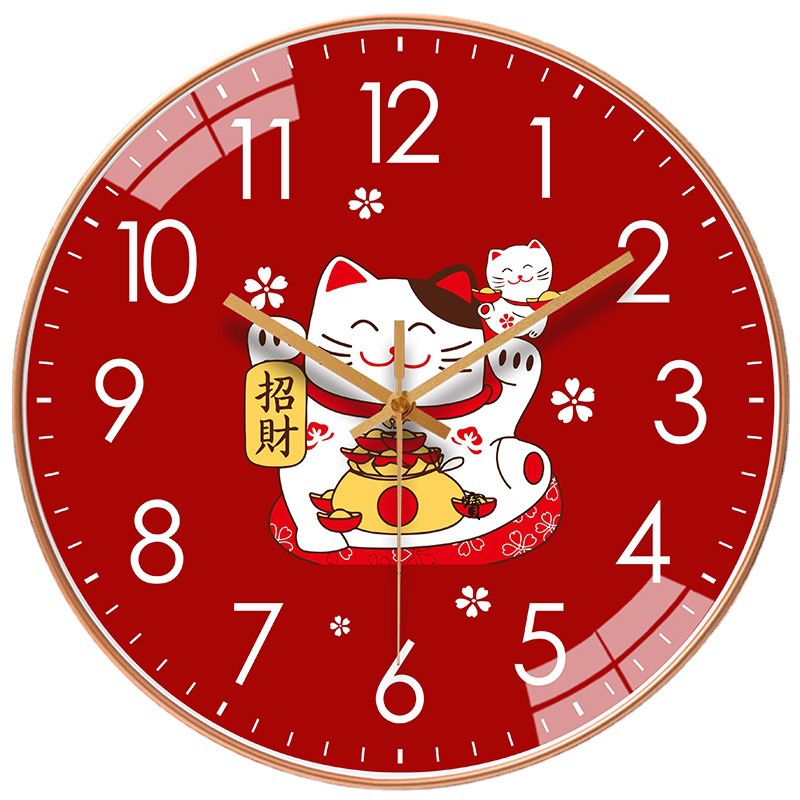 Ready Stock Cartoon Lucky Cat Wall Clock Red Art Quartz Living Room