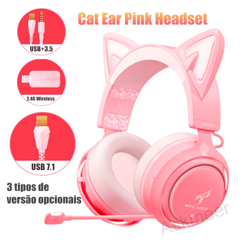 Somic GS510 2.4G Wireless/Wired Pink Headset Gamer PC Surround Sound Cat Ear Gaming Headphones with Mic for Phone Laptop