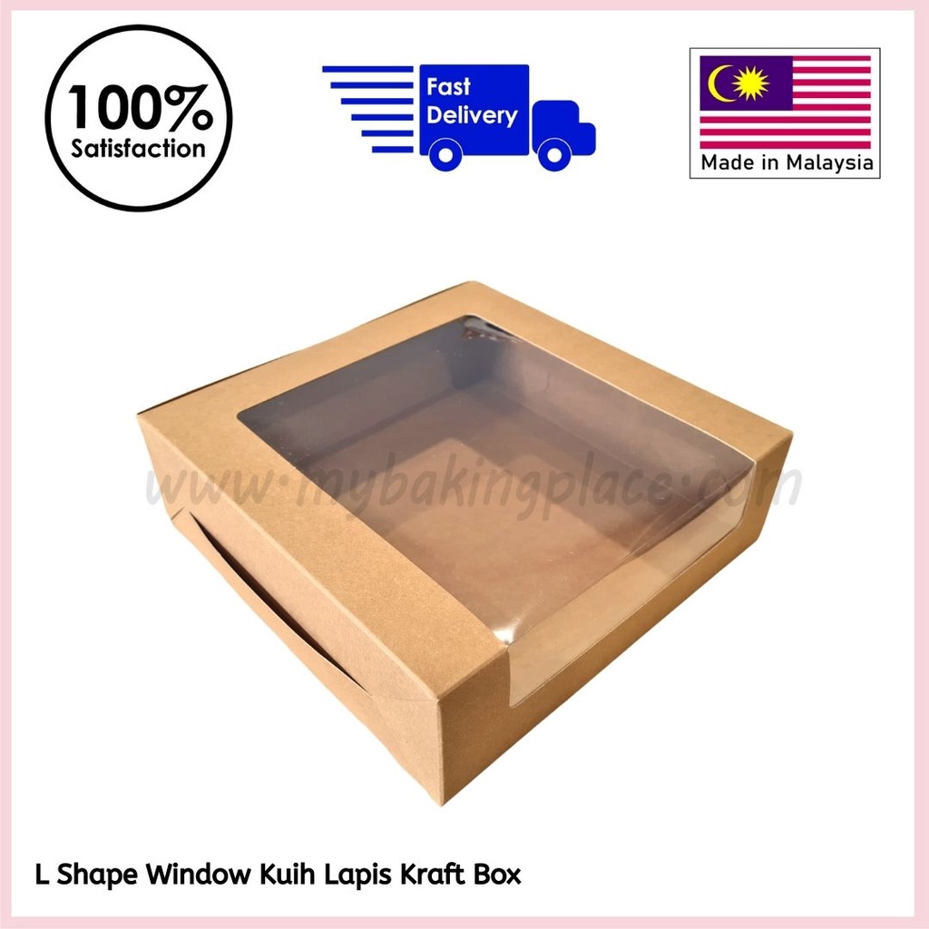 Kotak Kek L Shape Window Kuih Lapis Cake Box Brown Kraft Folding Box Eco Friendly Recyclable Cake Box