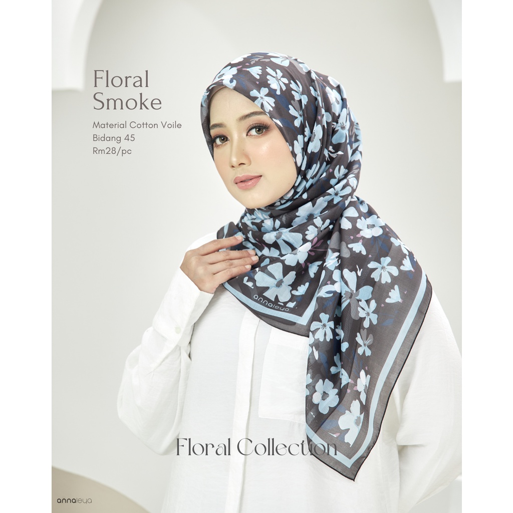 Annaleya Tudung Bawal Printed Cotton Voile (Floral Collection) >> Code Floral Smoke