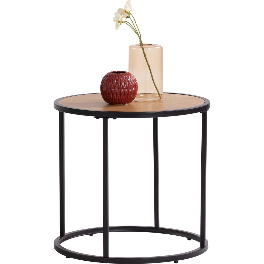 Short Oak Mdf Lamp Table With Metal, Small Short Round End Table