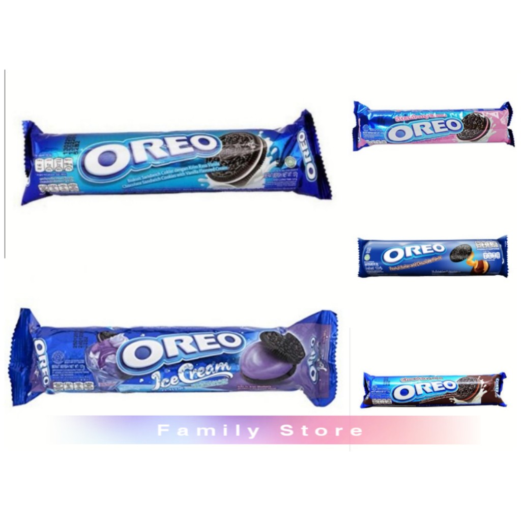 Oreo Sandwich Cookies Original Vanila, Chocolate Creme, Stawberry, Peanut Butter Cream ,Ice Blueberry133g