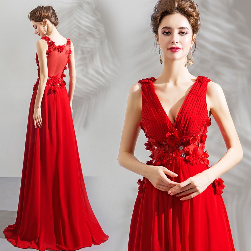 Sexy Dazzling Handmade Flowers Dark V Neck Bride Red Wedding Dress