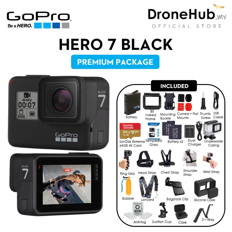 GoPro Hero7 Black Camera Bundle with Extra Battery and Bite Mount & Floaty Super Suit 2 Batteries Total 