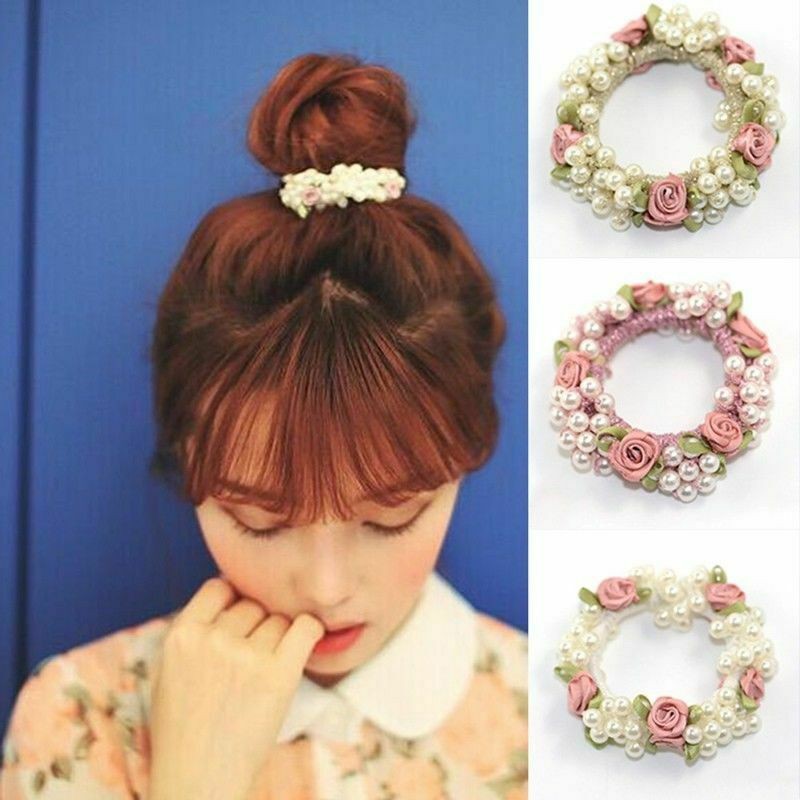 Beaded Floral Hair Bun Ring Fabric Band Rose Flowers Elastic