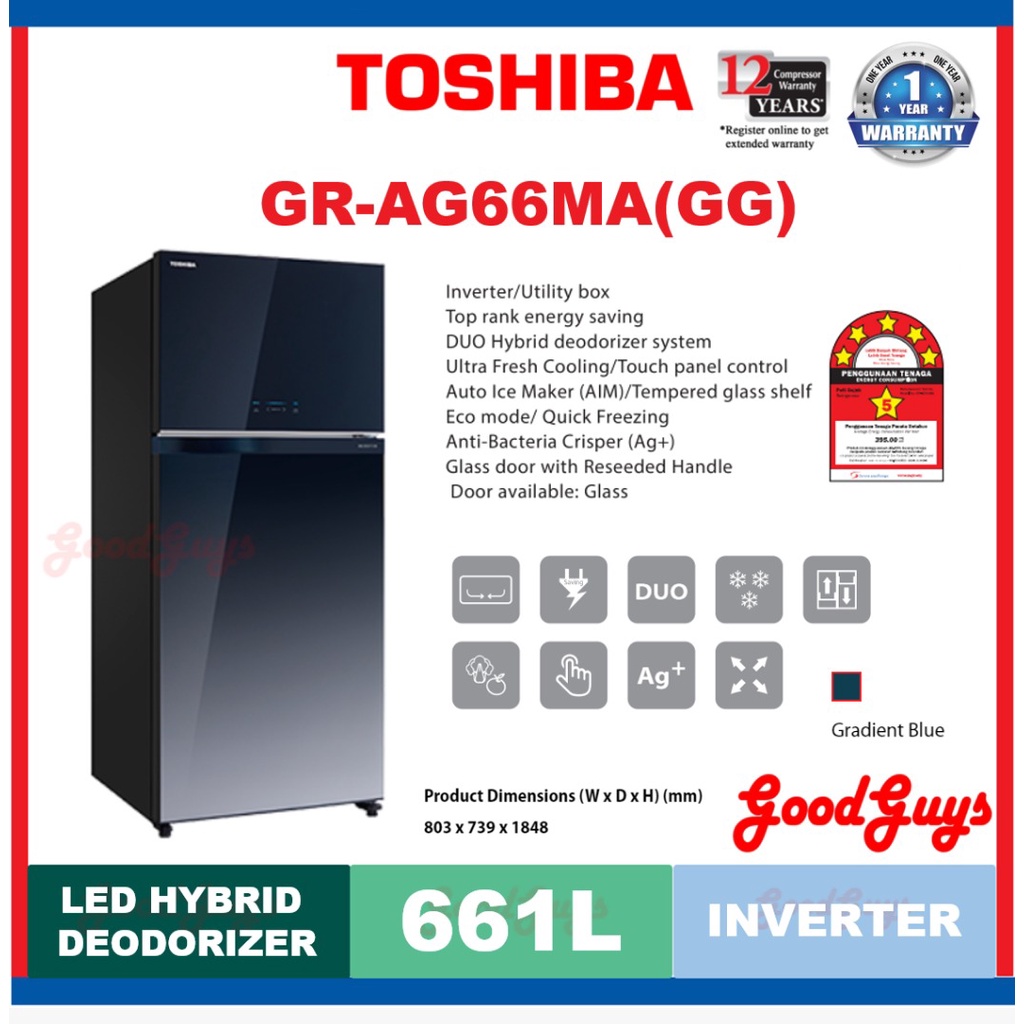 TOSHIBA GRAG66MA(GG) 661L 2DOORS FRIDGE / INVERTER / AUTO ICE MAKER