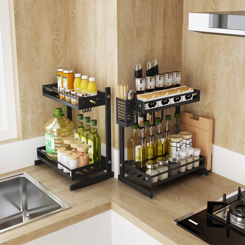 Black Stainless Steel Kitchen Rack Countertop Multi Layer Spice