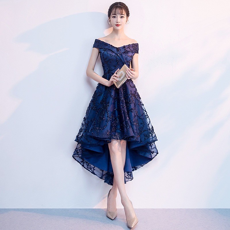 晚装一字肩连衣裙礼服宴会前短后长气质名媛聚会礼服Maxi Full Dress Formal Dresses Shopee Malaysia