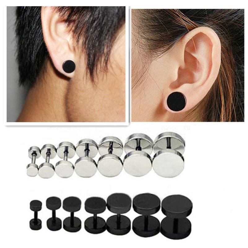 2Pcs Men/'s Women/'s Gold Barbell Punk Gothic Stainless Steel Ear Stud Earrings
