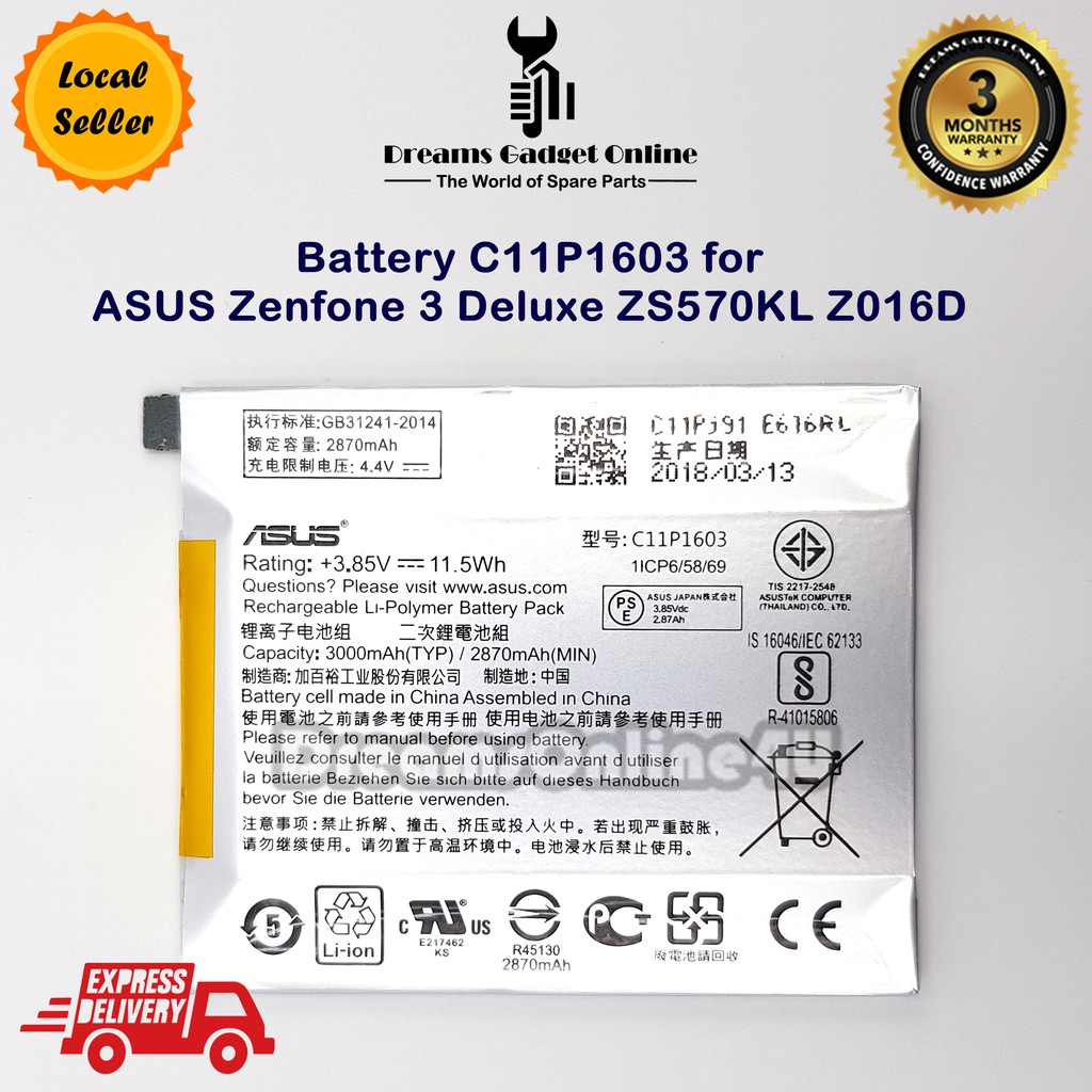 Replacement Battery C11p1603 For Asus Zenfone 3 Deluxe Zs570kl Z016d 11 5wh Shopee Malaysia