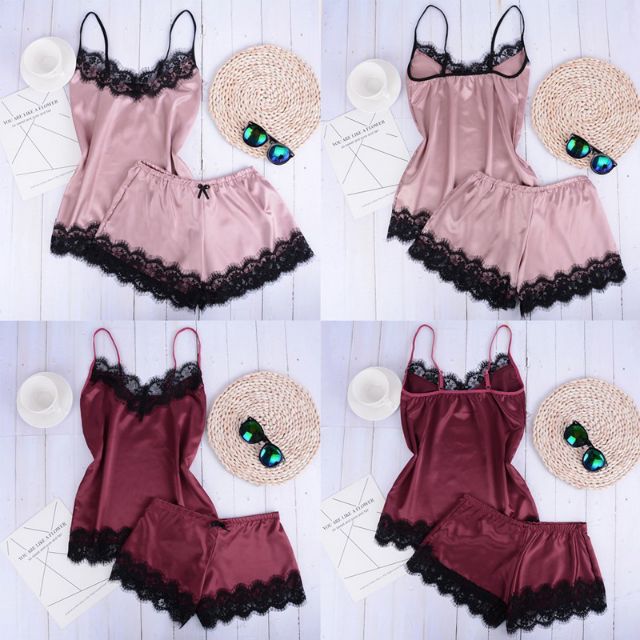 Women Sleepwear Set Sexy Lace Pajamas Pant +Blouse Set Baju Tidur Malam ...